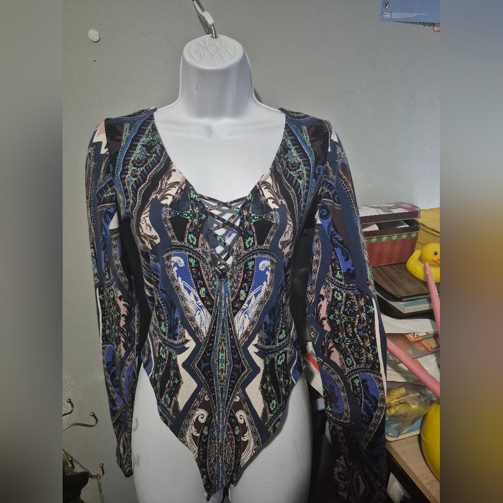 Free People Blue and Black Asymmetrical Bodysuit with Tie Front